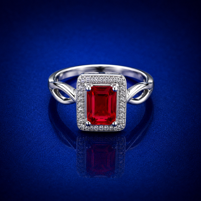 Silver Red Emerald-Cut Halo Openwork Ring