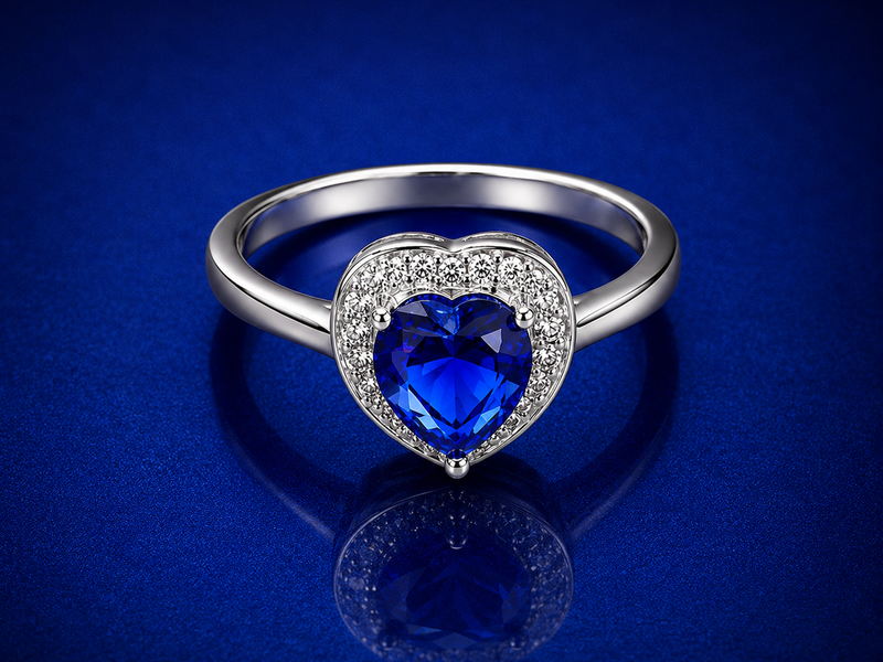 Silver Blue Heart Stone Halo Ring