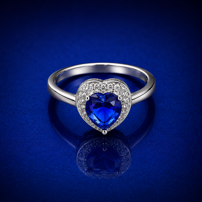 Silver Blue Heart Stone Halo Ring