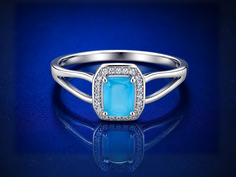 Silver Aqua Stone Halo Split-Shank Ring