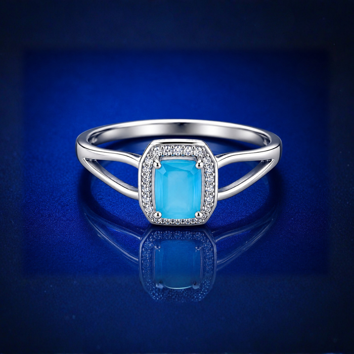 Silver Aqua Stone Halo Split-Shank Ring