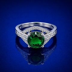 Silver Emerald Round Solitaire Pave Ring
