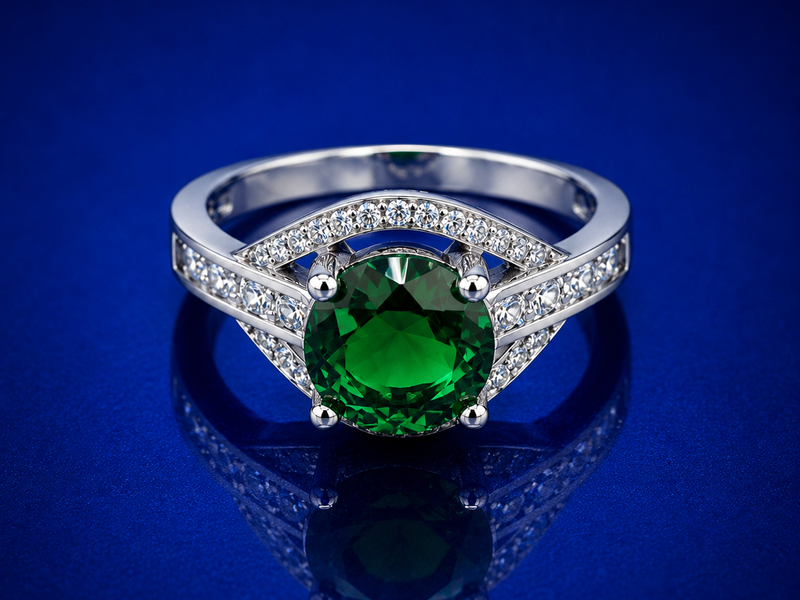 Silver Emerald Round Solitaire Pave Ring