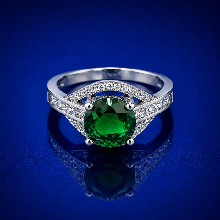 Silver Emerald Round Solitaire Pave Ring