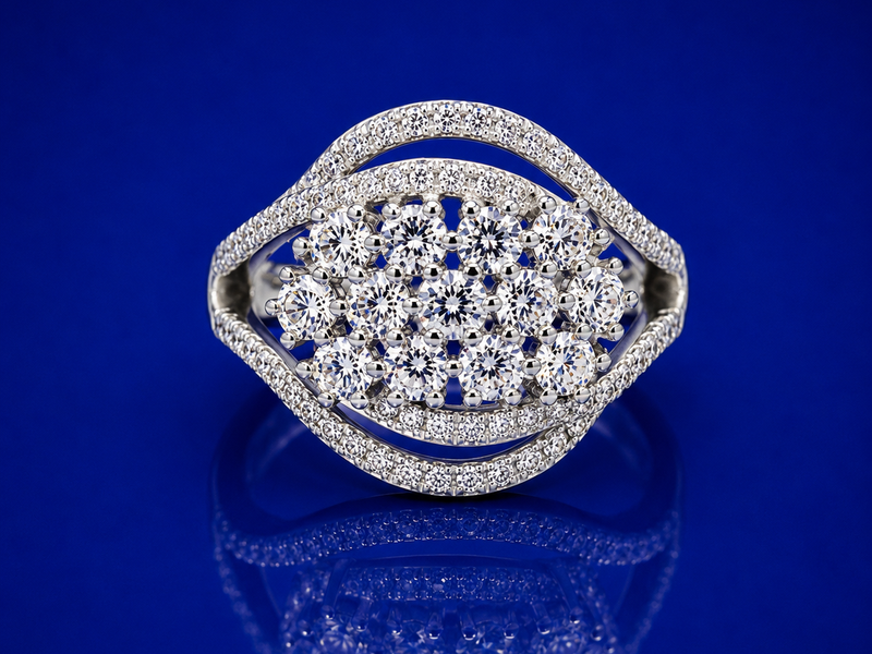 Silver Pave Cluster Oval Cocktail Ring