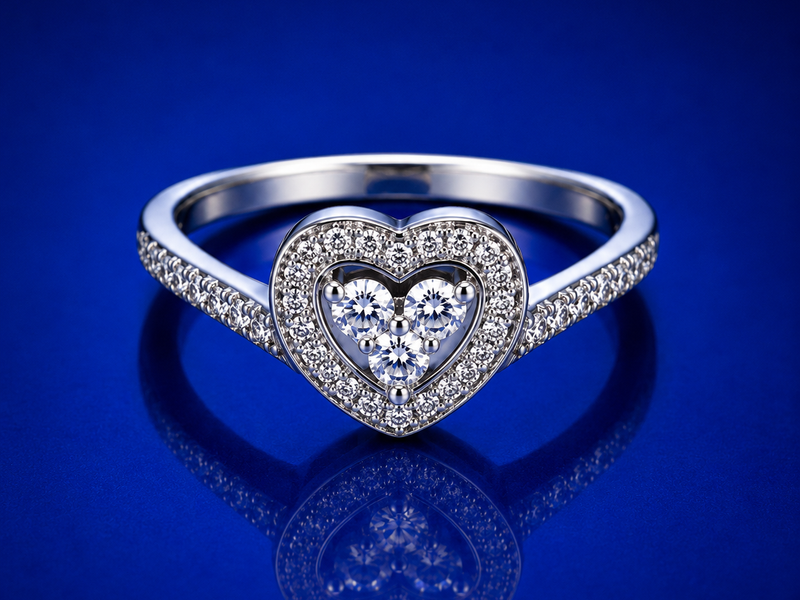Silver Heart Halo Cluster Split-Shank Ring