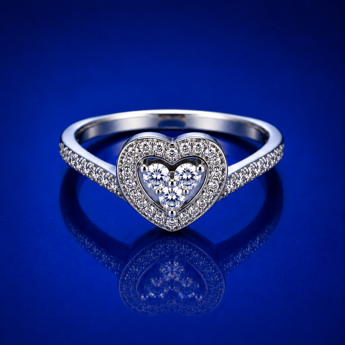 Silver Heart Halo Cluster Split-Shank Ring