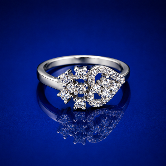 Silver Floral Cluster & Heart Pave Ring