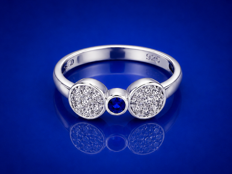 Silver Twin Pave Disc Blue Stone Ring
