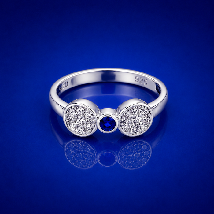 Silver Twin Pave Disc Blue Stone Ring