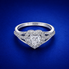 Silver Solitaire Heart Halo Split-Shank Ring