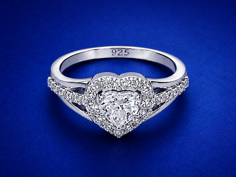 Silver Solitaire Heart Halo Split-Shank Ring
