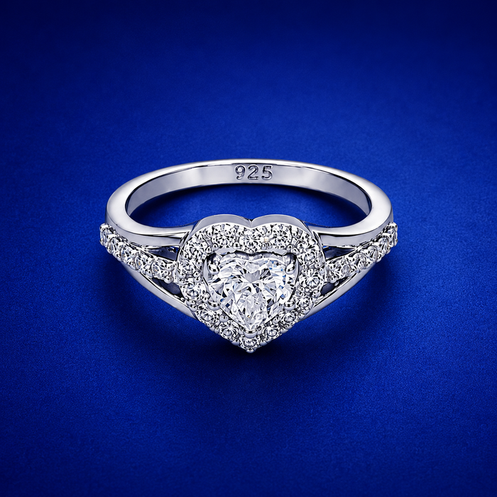 Silver Solitaire Heart Halo Split-Shank Ring