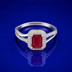 Silver Ruby Emerald-Cut Halo Split-Shank Ring