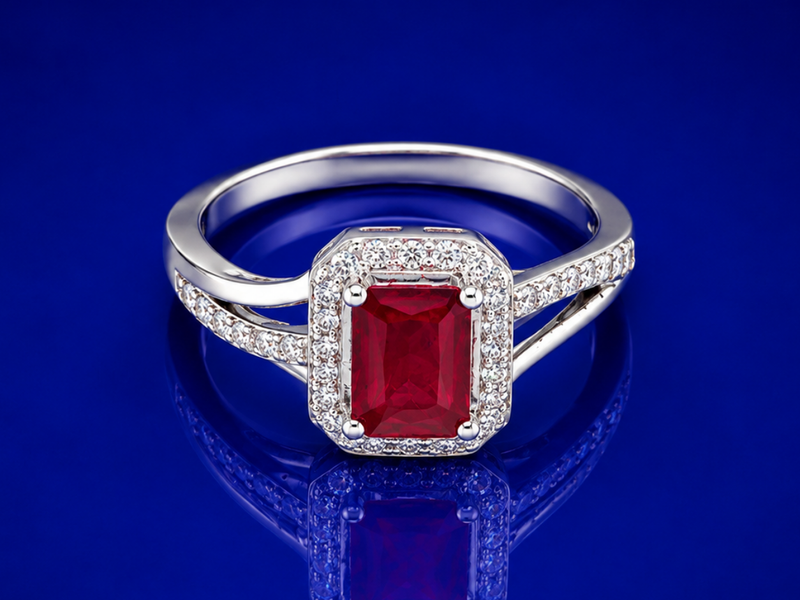 Silver Ruby Emerald-Cut Halo Split-Shank Ring