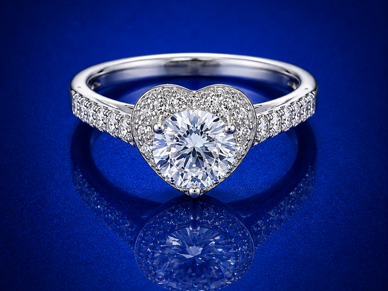 Silver Solitaire Pave Heart Halo Ring
