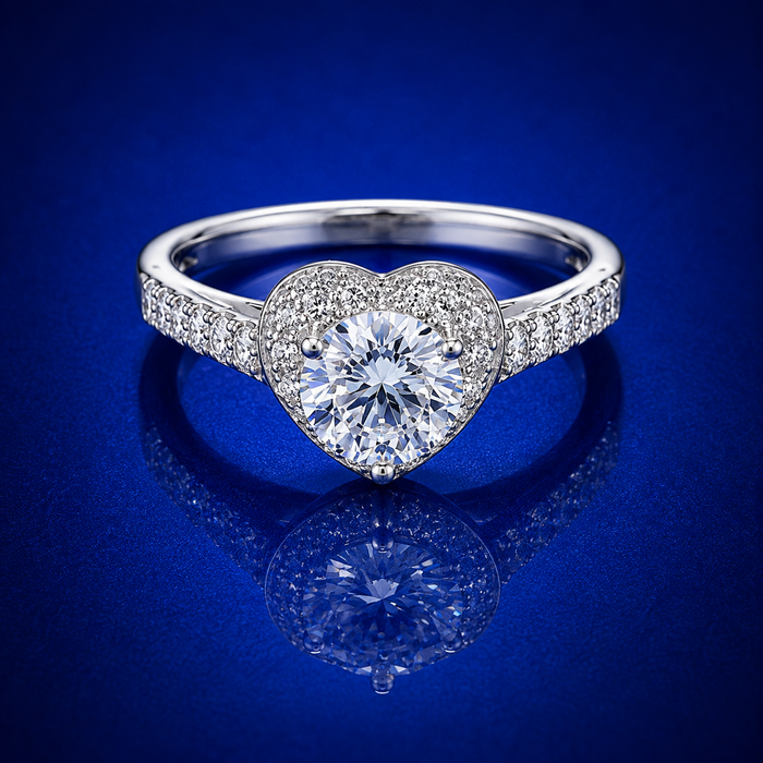 Silver Solitaire Pave Heart Halo Ring