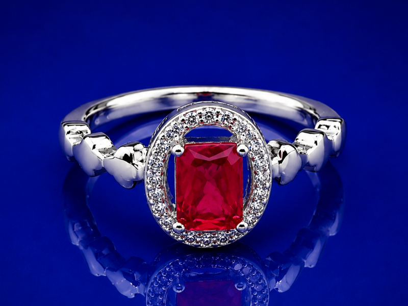 Silver Ruby Emerald-Cut Halo Heart Ring