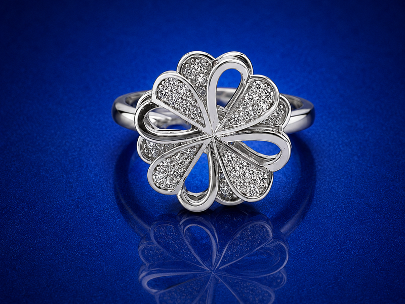Silver Pave Six-Petal Flower Cocktail Ring