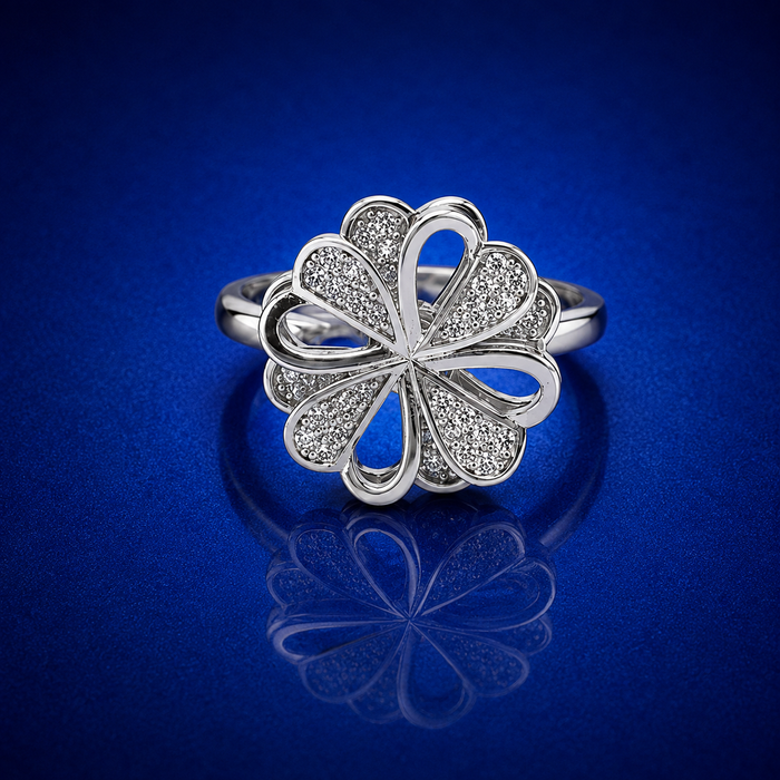 Silver Pave Six-Petal Flower Cocktail Ring