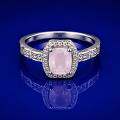 Silver Pink Cushion Halo Baguette Ring
