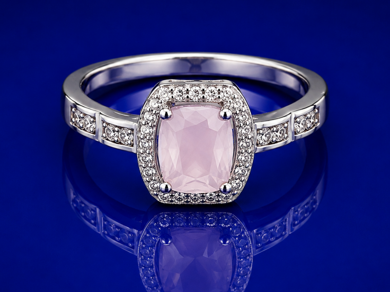 Silver Pink Cushion Halo Baguette Ring
