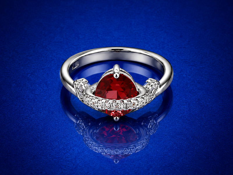 Silver Red Trillion Stone Pave Crescent Ring