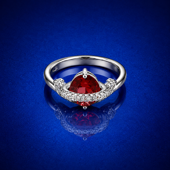 Silver Red Trillion Stone Pave Crescent Ring