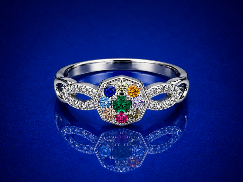 Silver Navratna Hexagon Twist Ring