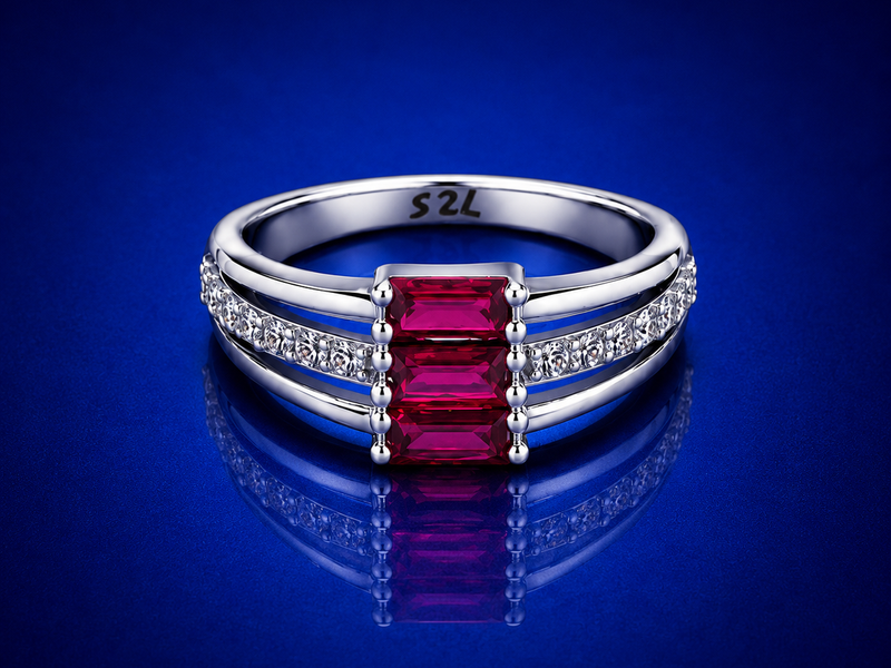 Silver Ruby Baguette Three-Stone Pave Ring