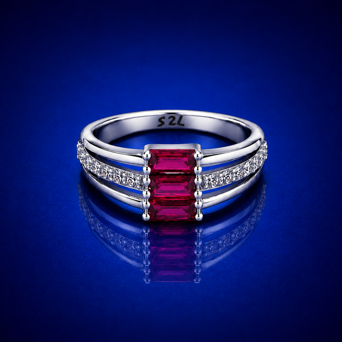 Silver Ruby Baguette Three-Stone Pave Ring