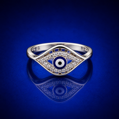 Silver Blue Evil Eye Pave Marquise Ring