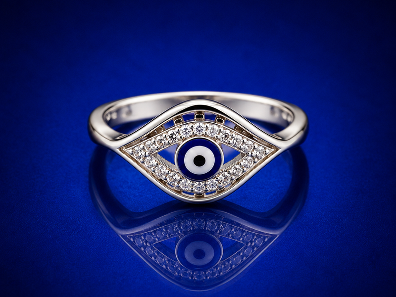Silver Blue Evil Eye Pave Marquise Ring