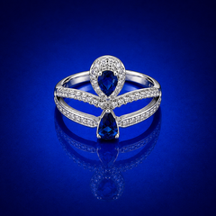 Silver Blue Pear Stone Pave Cross Ring