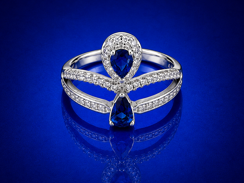 Silver Blue Pear Stone Pave Cross Ring