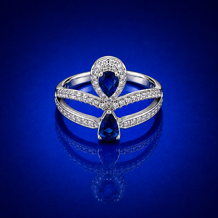 Silver Blue Pear Stone Pave Cross Ring