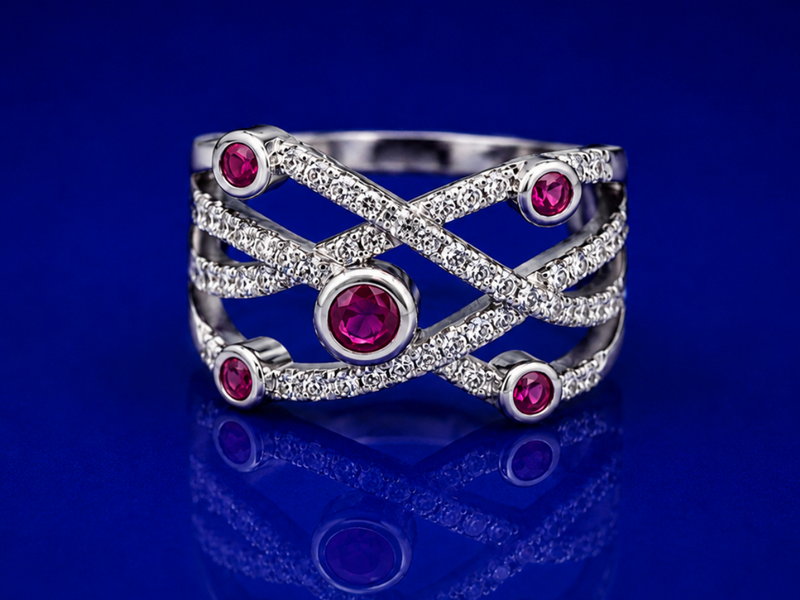 Silver Ruby Bezel Criss-Cross Pave Ring