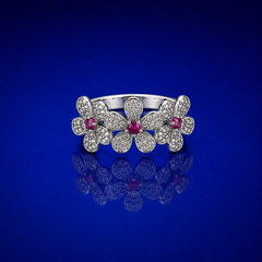 Silver Triple Ruby Centre Flower Pave Ring