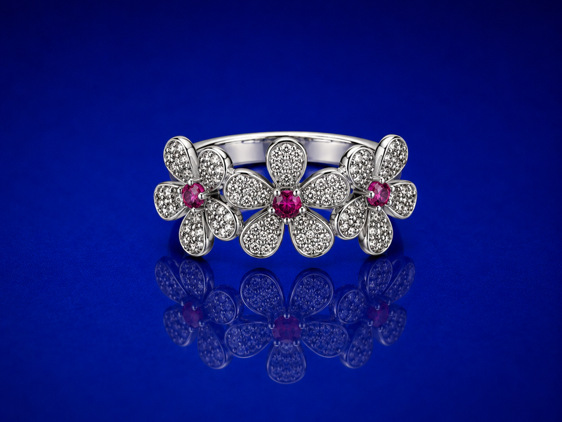 Silver Triple Ruby Centre Flower Pave Ring