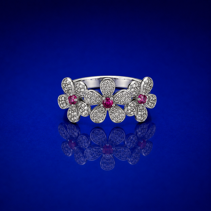 Silver Triple Ruby Centre Flower Pave Ring