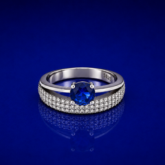 Silver Blue Round Solitaire Wide Pave Ring