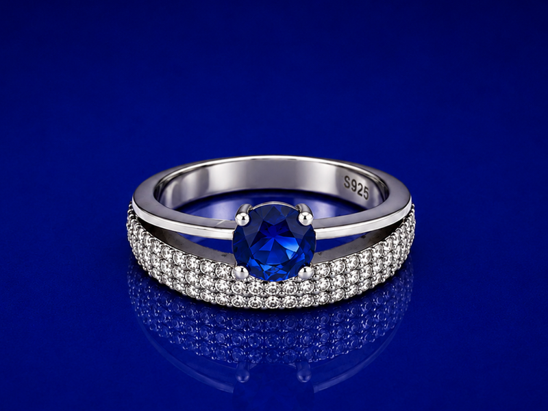 Silver Blue Round Solitaire Wide Pave Ring