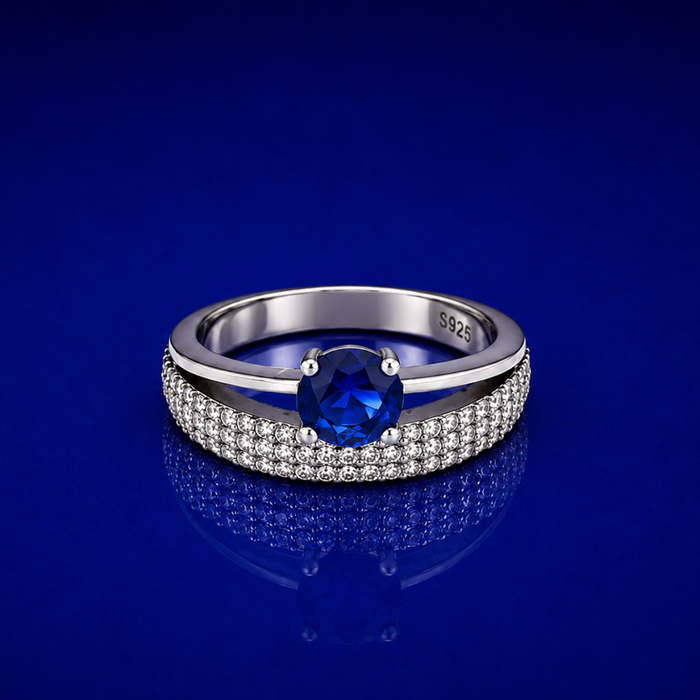 Silver Blue Round Solitaire Wide Pave Ring