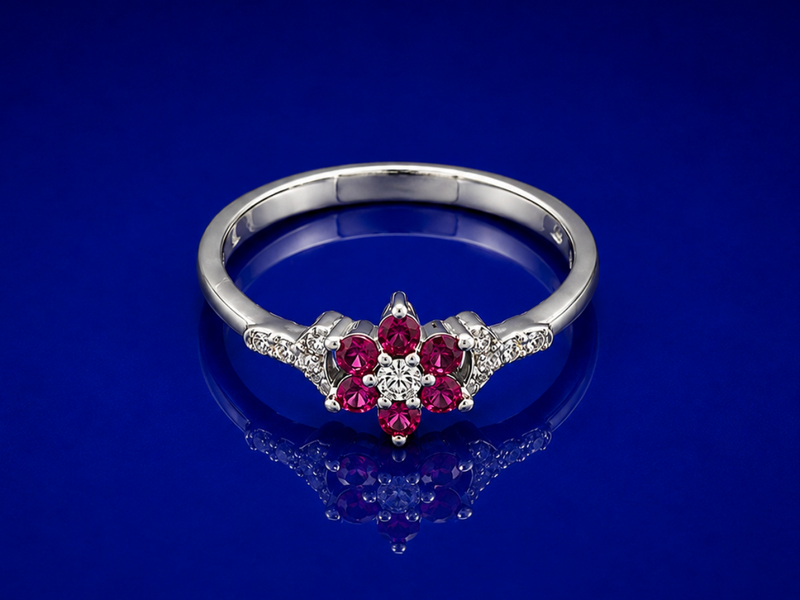 Silver Ruby & CZ Flower Cluster Ring