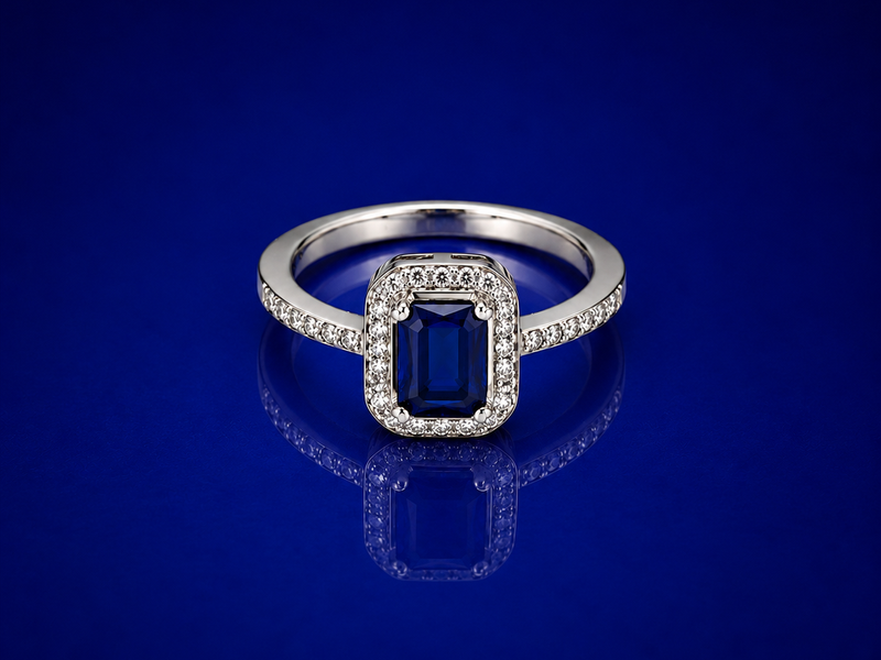 Silver Blue Emerald-Cut Milgrain Halo Ring