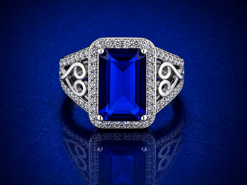 Silver Blue Emerald-Cut Halo Filigree Ring