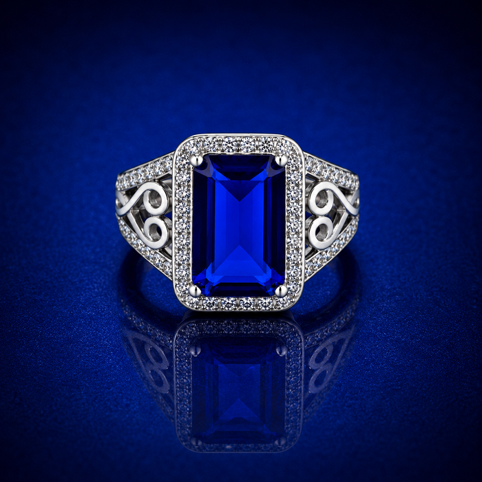 Silver Blue Emerald-Cut Halo Filigree Ring