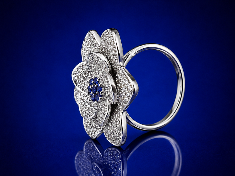 Silver Pave Rose Cocktail Ring with Blue Centre