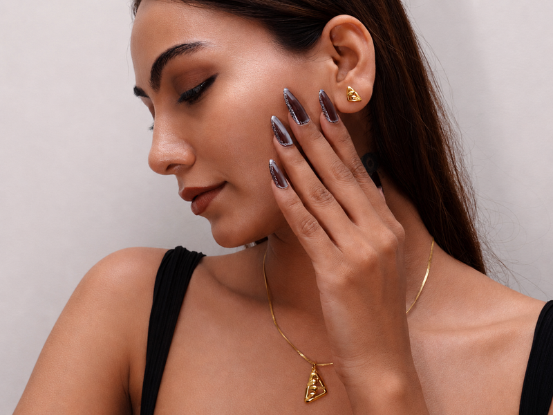 Golden Triangular Openwork Pendant & Stud Set – view 2