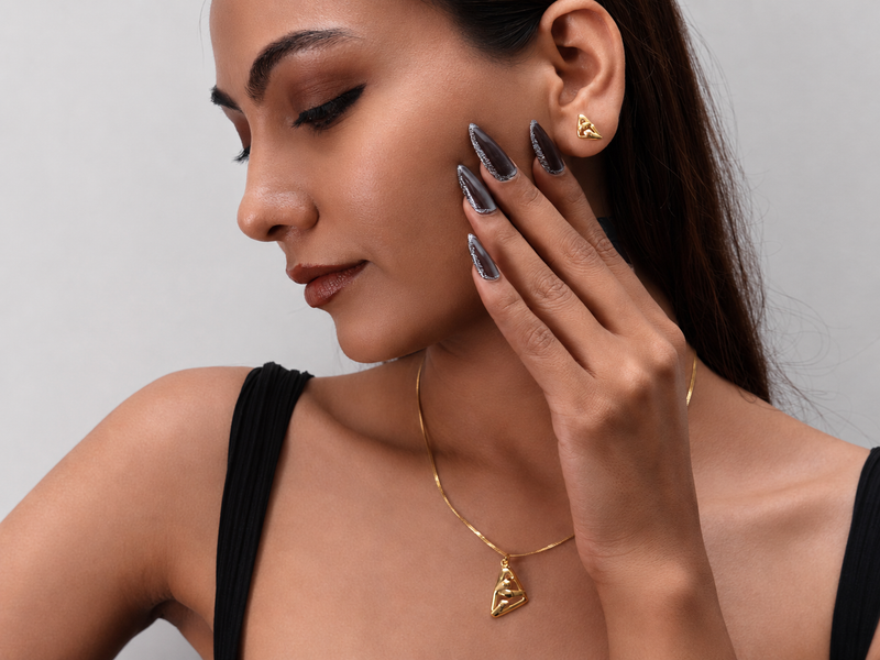 Golden Triangular Openwork Pendant & Stud Set – view 3
